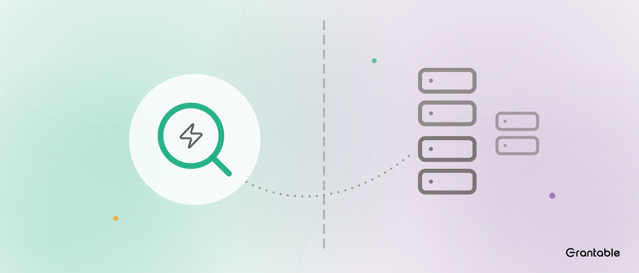 A magnifying glass holding a tiny lightning bolt on one side of a dashed divider, with a dotted path leading to a ghosted stack of data-center servers on the other.