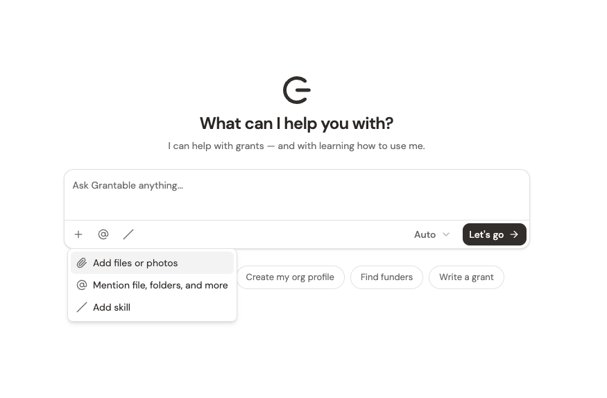 The chat input showing the attachment menu with options to add files, mention files, or add a skill