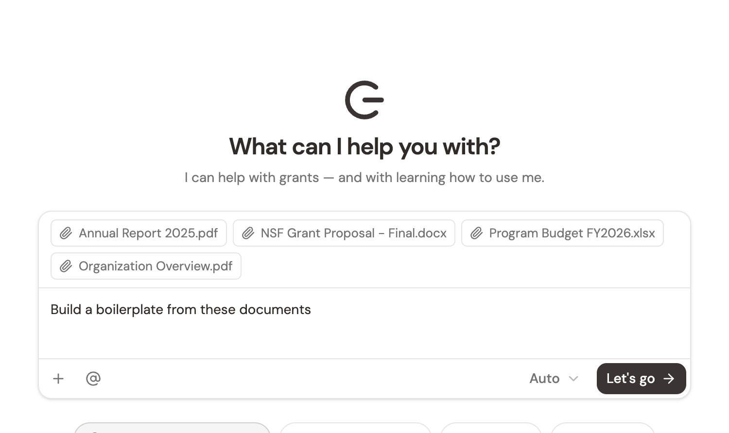 The Grantable chat input with attached documents and a prompt ready to send