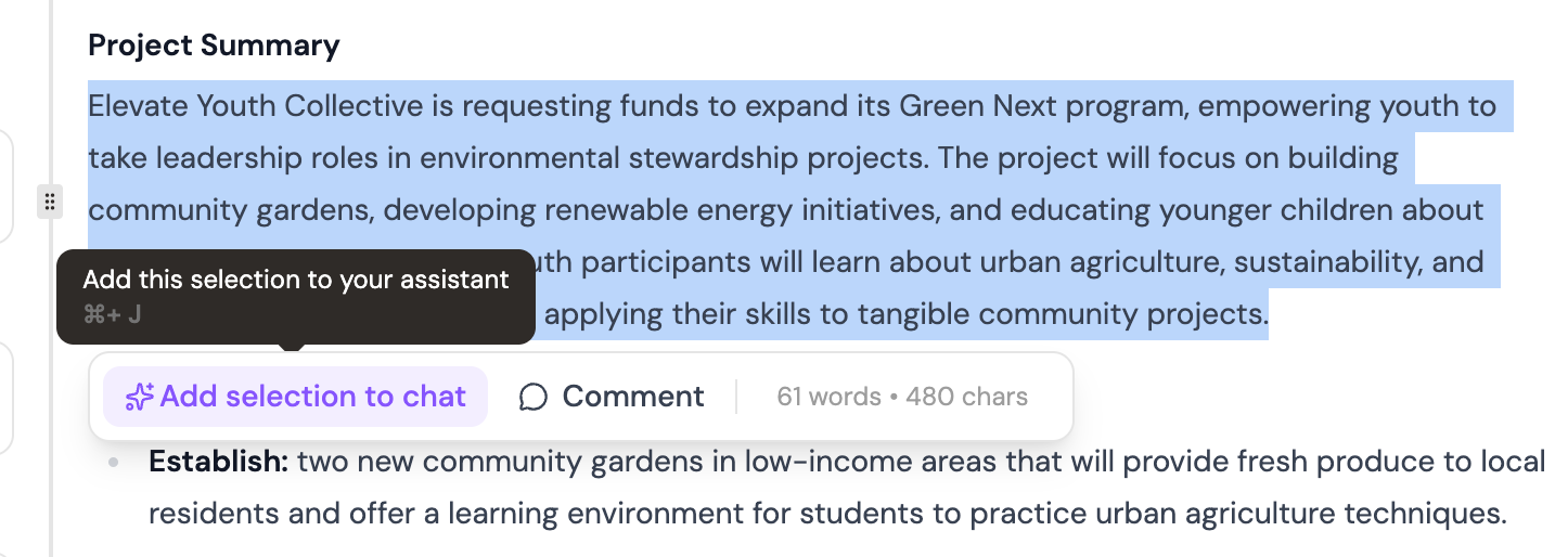 Asking the AI to revise a specific section of the document