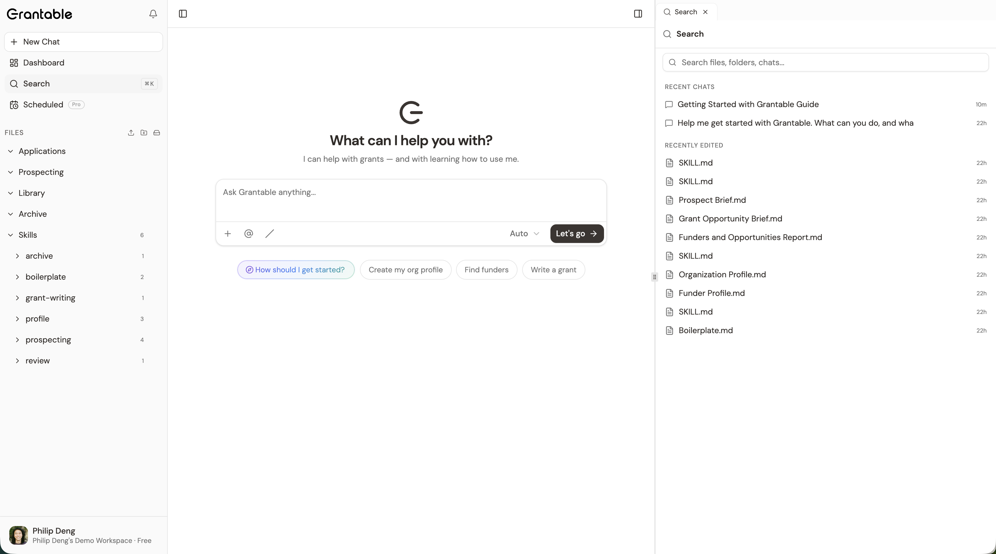 The search panel showing recent chats and recently edited files