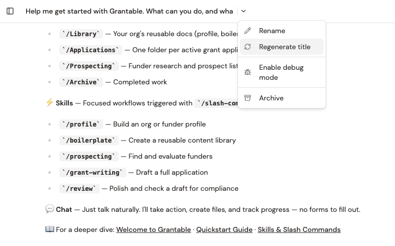 The title dropdown showing Rename, Regenerate title, and Archive options