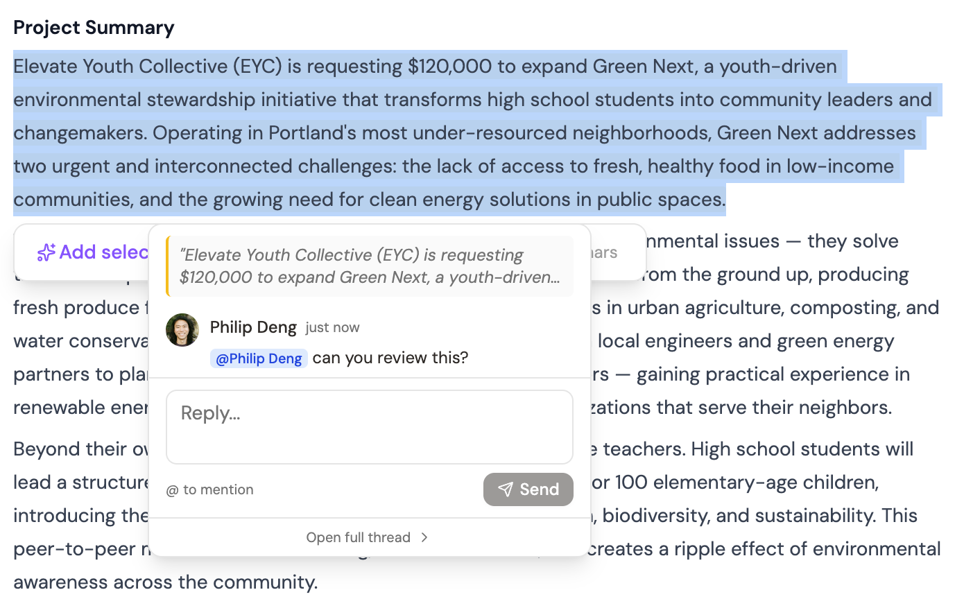 A comment thread on a document showing an @mention and threaded replies
