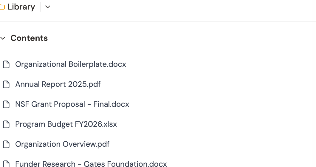 The context panel showing a Library folder with uploaded documents and AI-created files