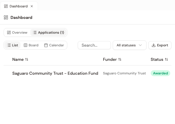 The Applications tracker, with List, Board and Calendar views and an Export button