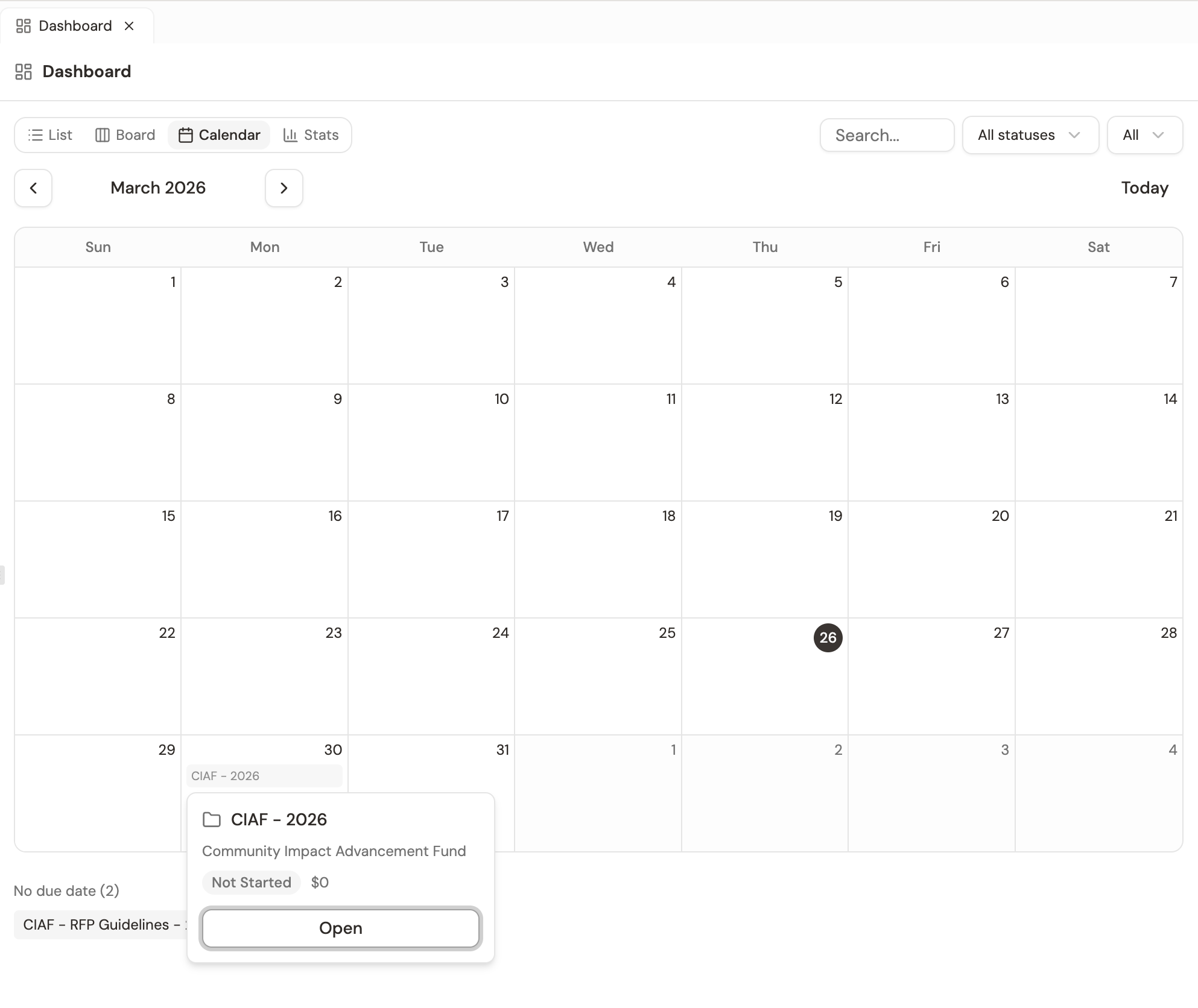 Dashboard calendar view showing grant deadlines spread across a monthly calendar, color-coded by status