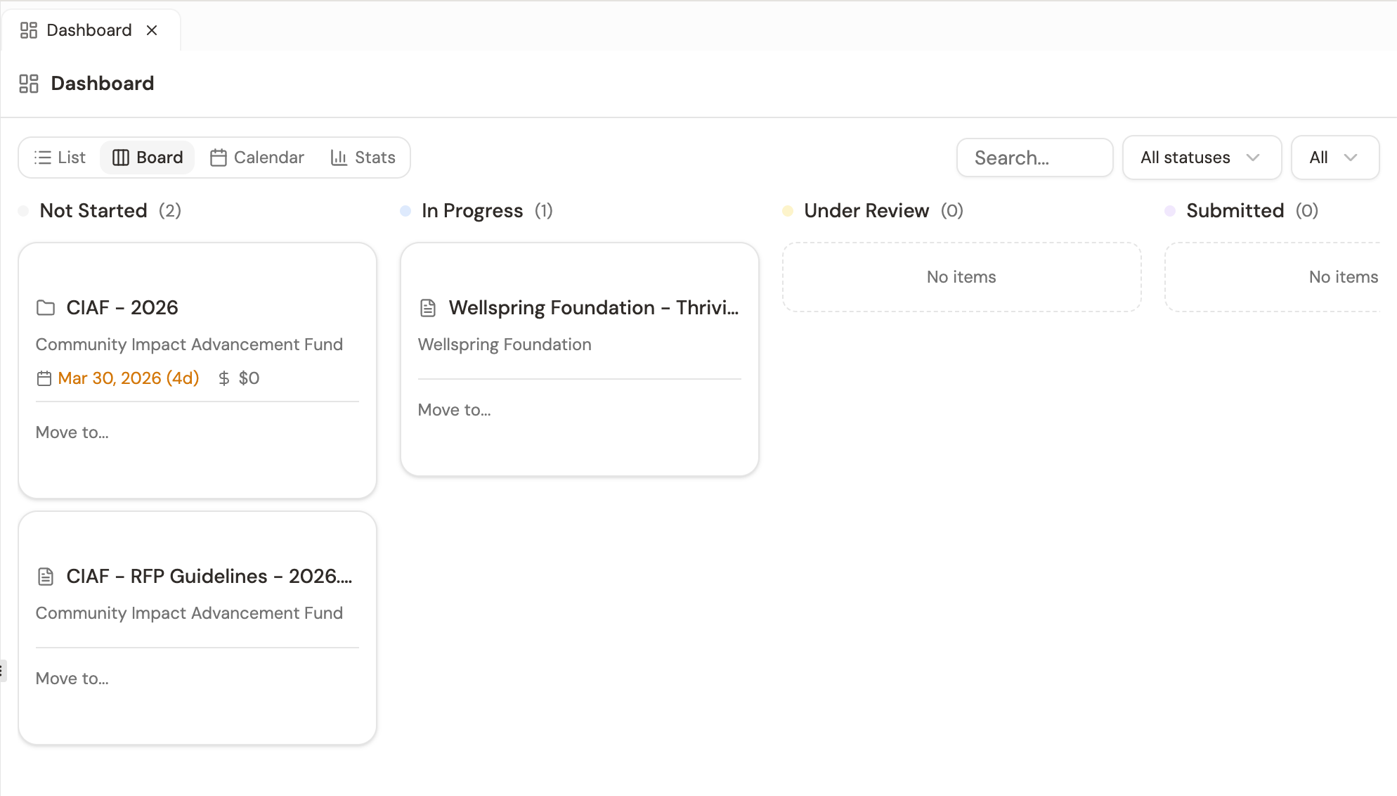 Dashboard kanban view showing grant projects organized in columns by status, with drag-and-drop between stages