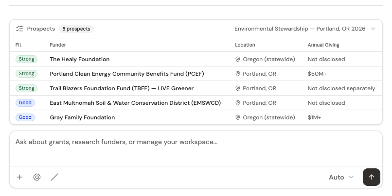 The in-chat prospect table showing five funders with Fit badges (Strong/Good), location, and annual giving