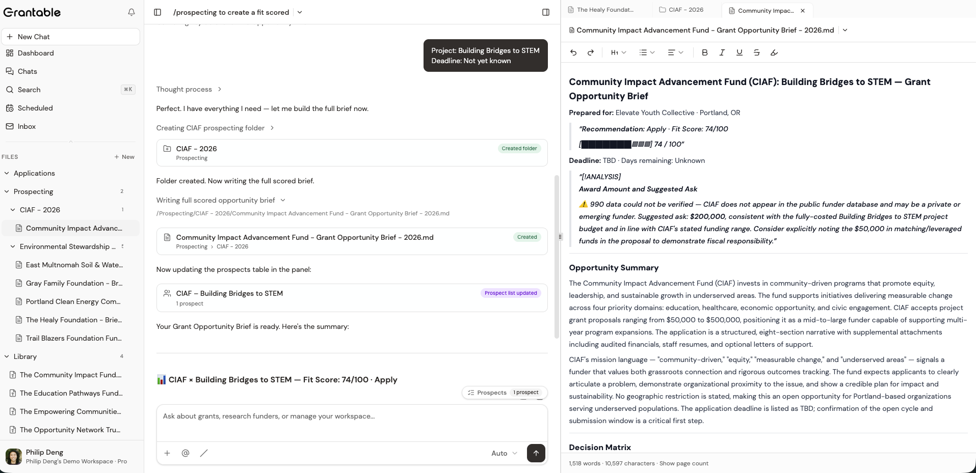 A complete Grant Opportunity Brief showing funder overview, alignment summary, Decision Matrix, and recommended approach