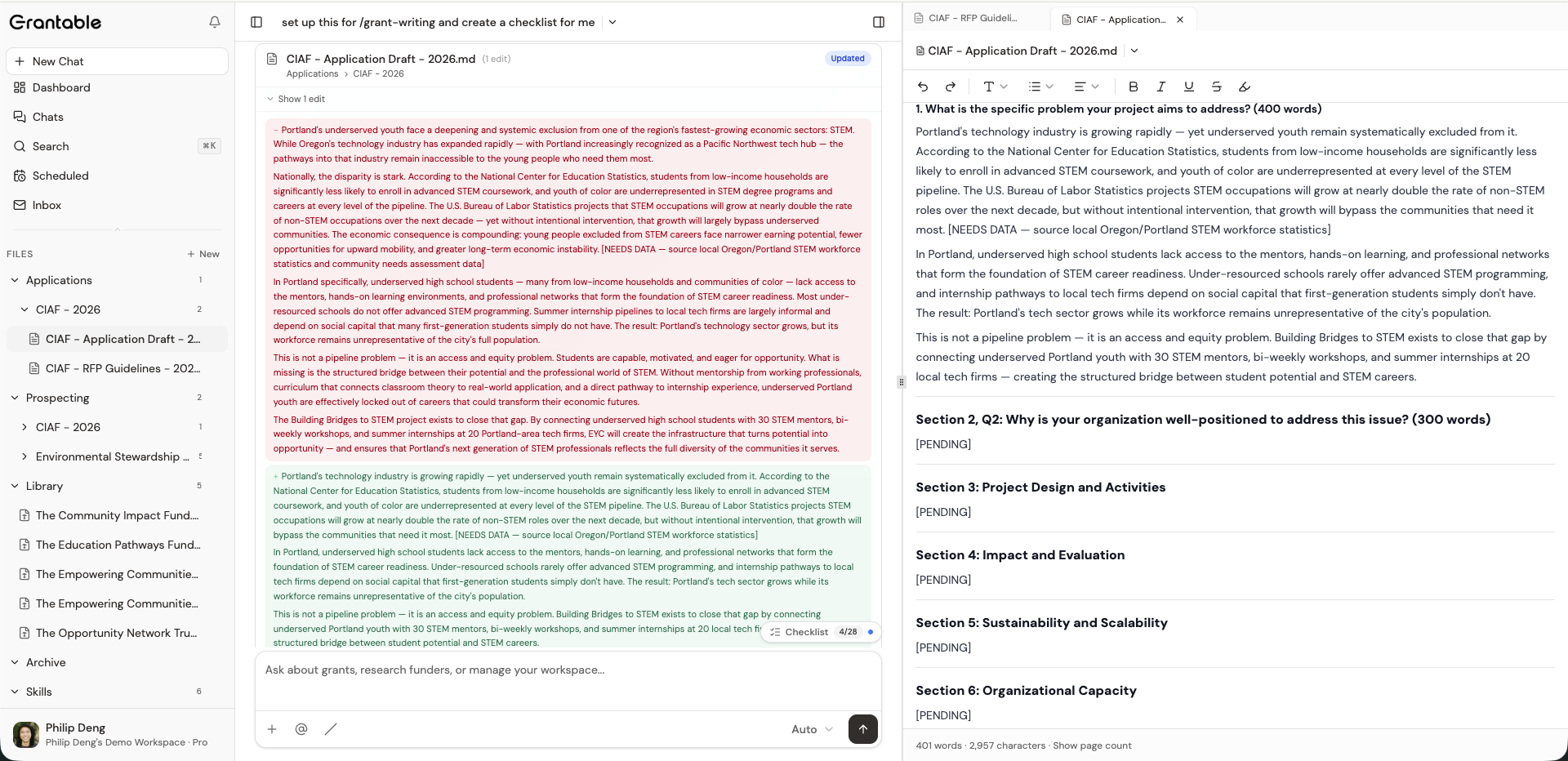 The Grantable co-writing workspace — file tree sidebar on the left, AI chat in the center with an extracted RFP checklist artifact, a proposal draft open for editing in the context panel on the right