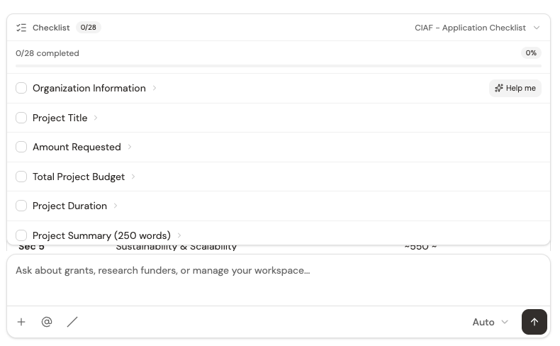 An extracted RFP checklist — 0 of 28 items complete, 0%, with items grouped by category (Organization Information, Project Title, Amount Requested, Total Project Budget, Project Duration, Project Summary) and a Help me button visible on an item