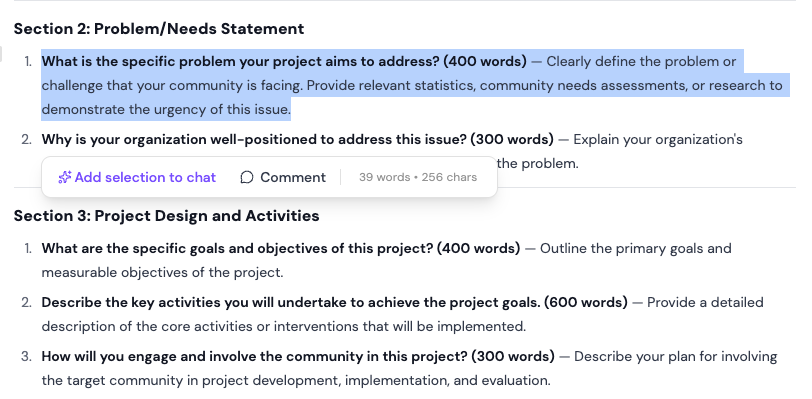 A passage highlighted in a proposal draft with a floating action menu showing Add selection to chat and Comment options, plus a word and character count