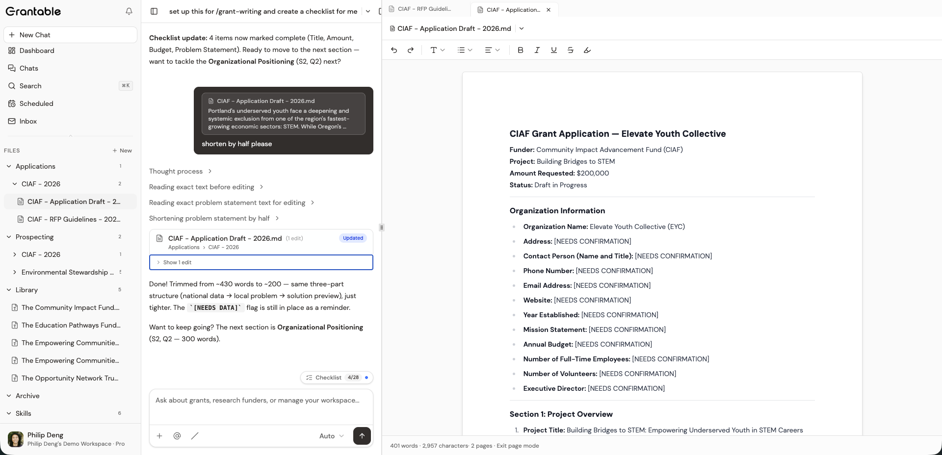 A Shorten revision in progress on a proposal draft — AI confirmation showing the section trimmed from ~450 words to ~200, same three-part structure preserved, with the updated draft visible in the context panel and the next section queued up in chat