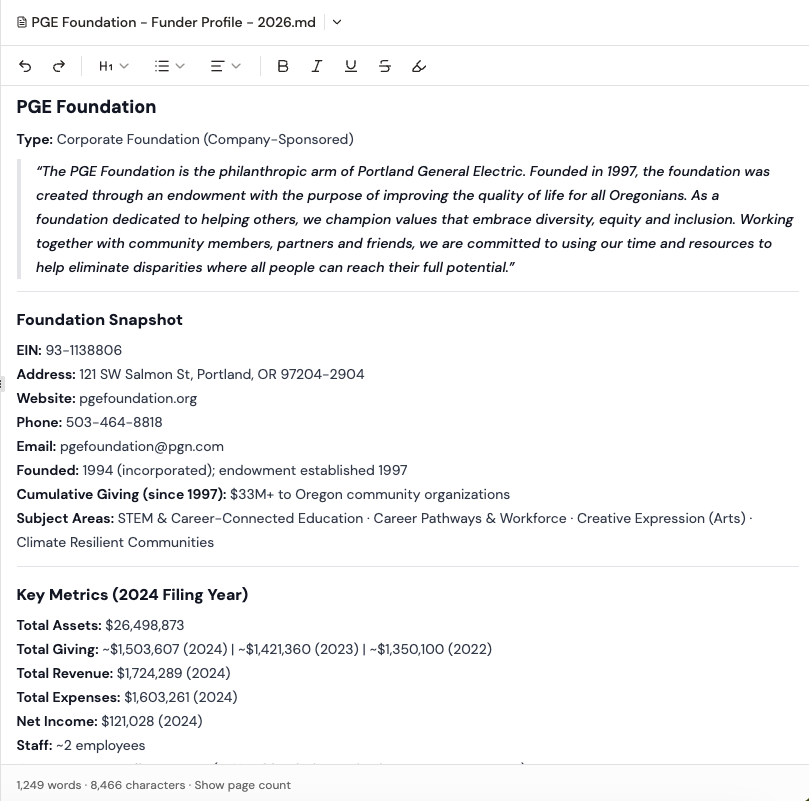 A real Funder Profile generated by the /profile skill, with mission pull-quote, Foundation Snapshot, and Key Metrics