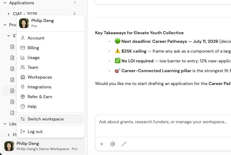 The user account menu opened from the bottom of the sidebar showing 'Switch workspace' alongside Account, Billing, Workspaces, and Help