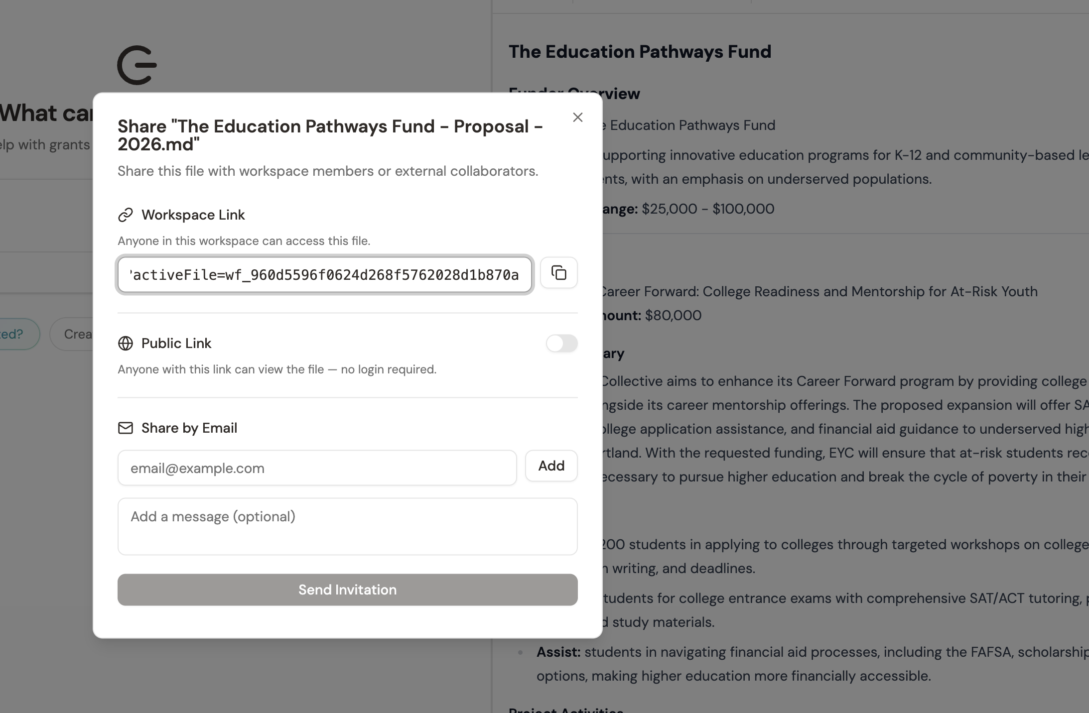 File sharing dialog showing options for internal links, public links, and email shares