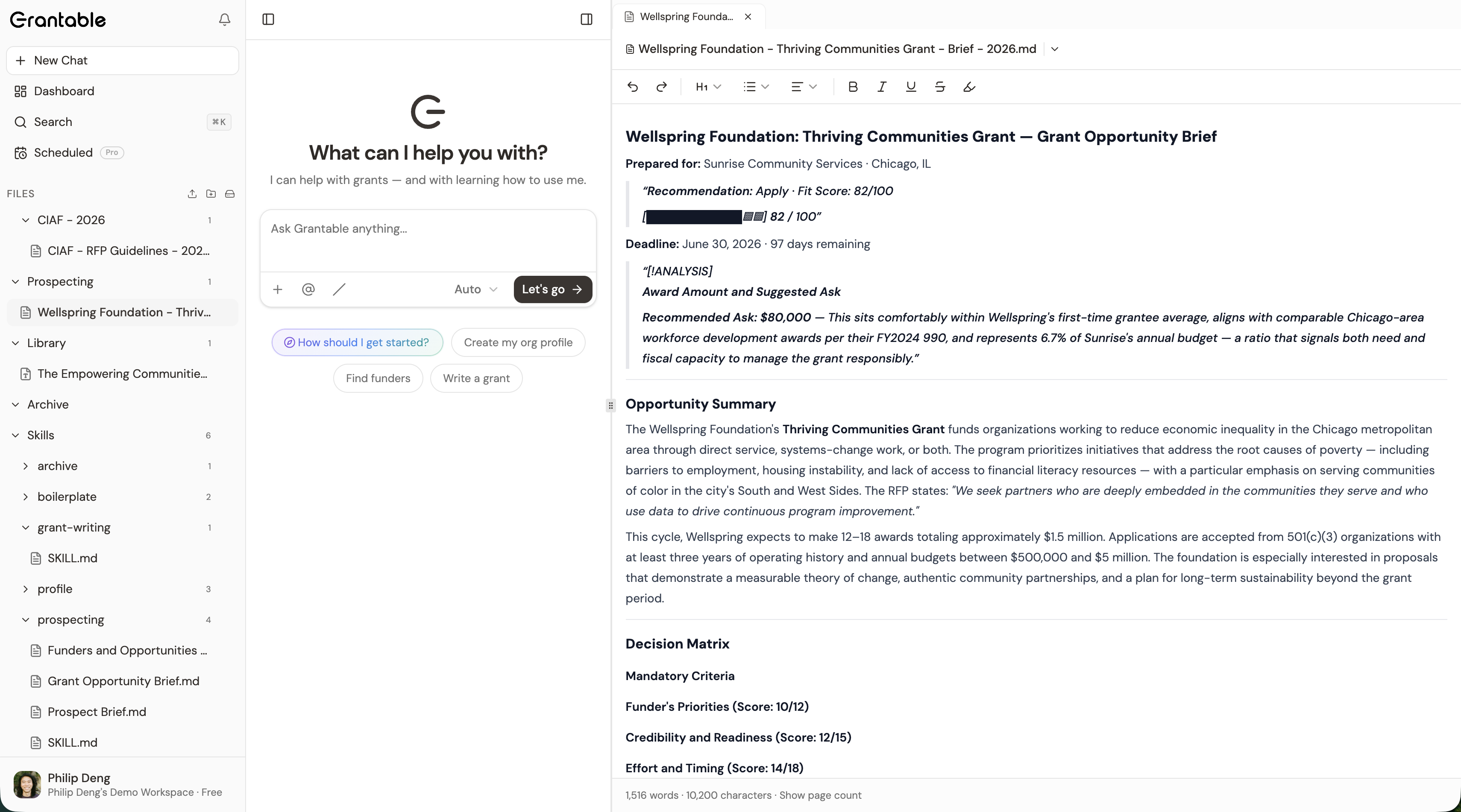 A completed Grant Opportunity Brief showing fit score, opportunity summary, and the beginning of the decision matrix