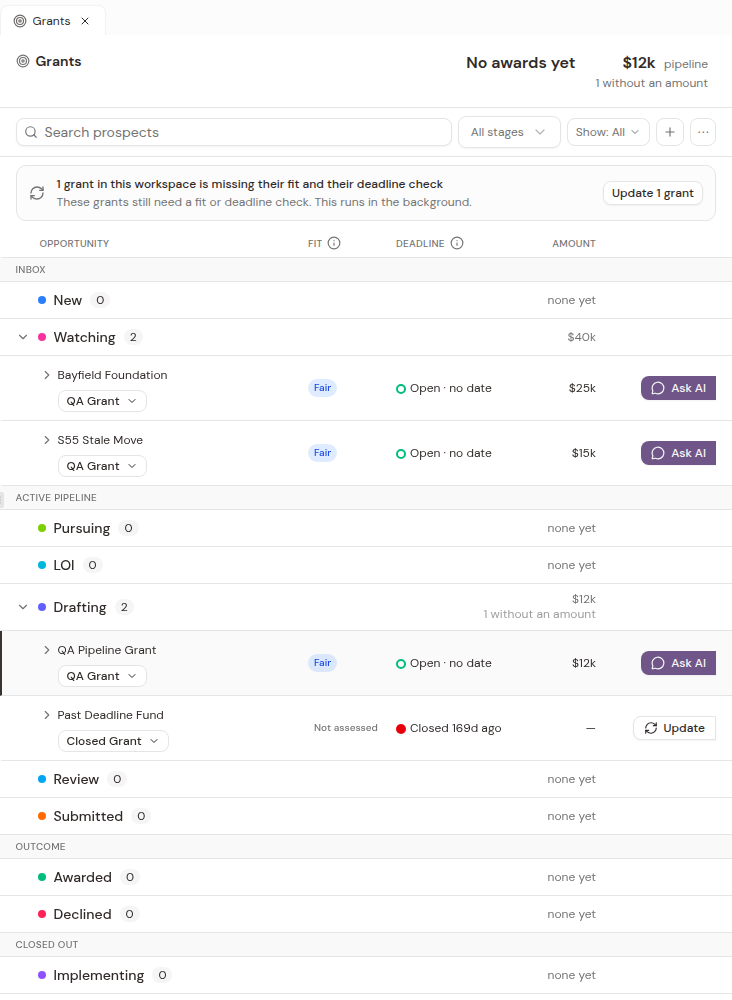 The Grants list, grouped by stage, with fit, deadline and amount on each row