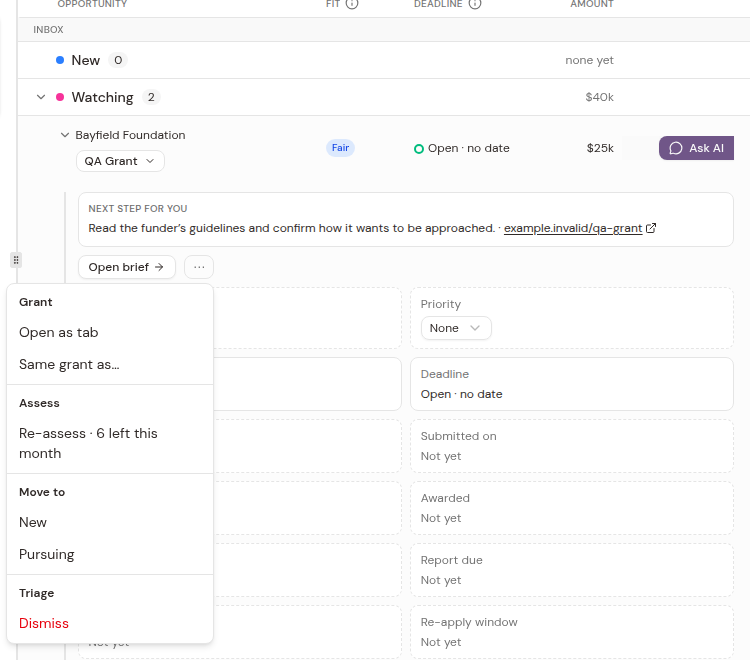 The row menu with Open as tab, Re-assess, Move to and Dismiss