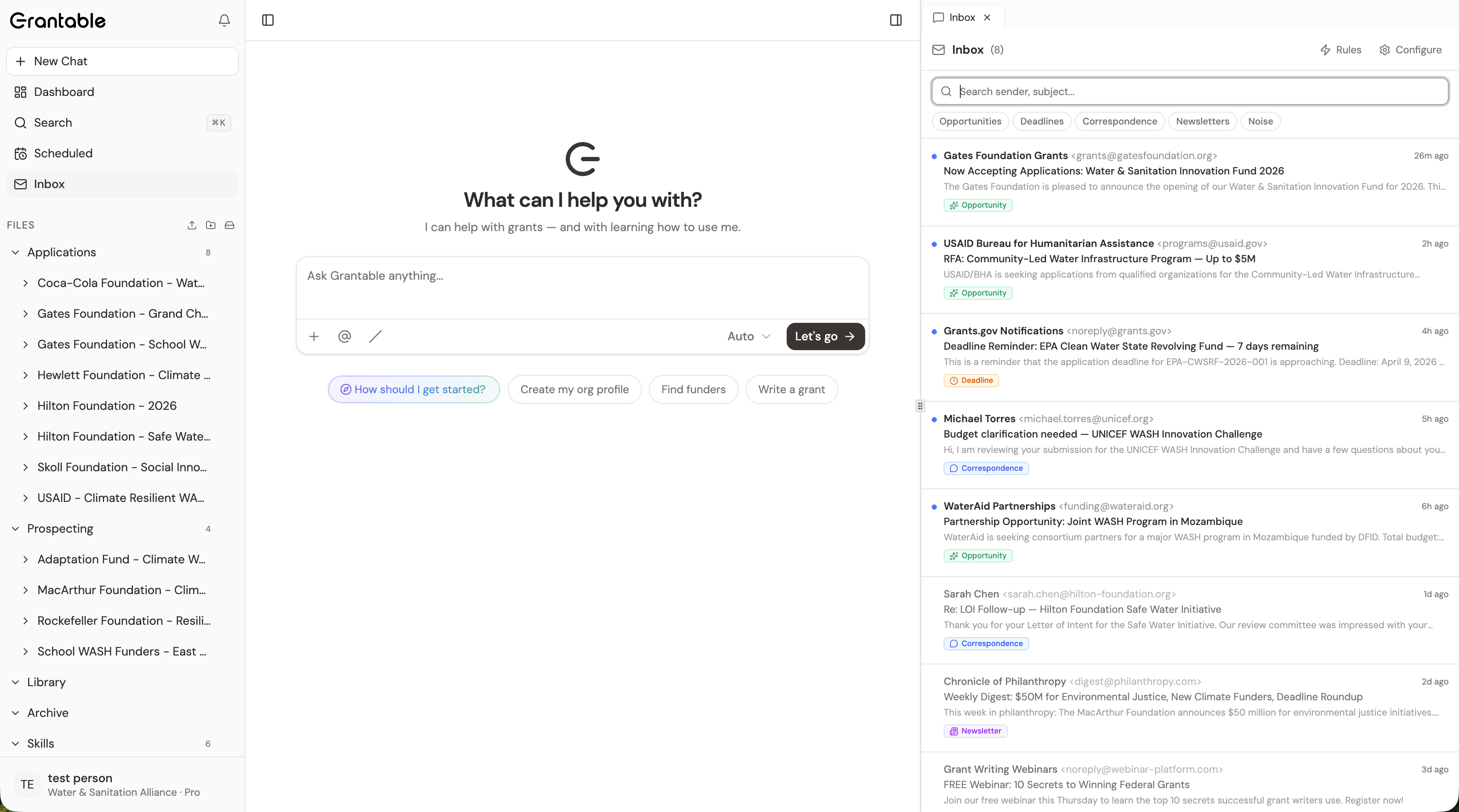 The Workspace Inbox showing incoming emails with AI-generated summaries and category tags