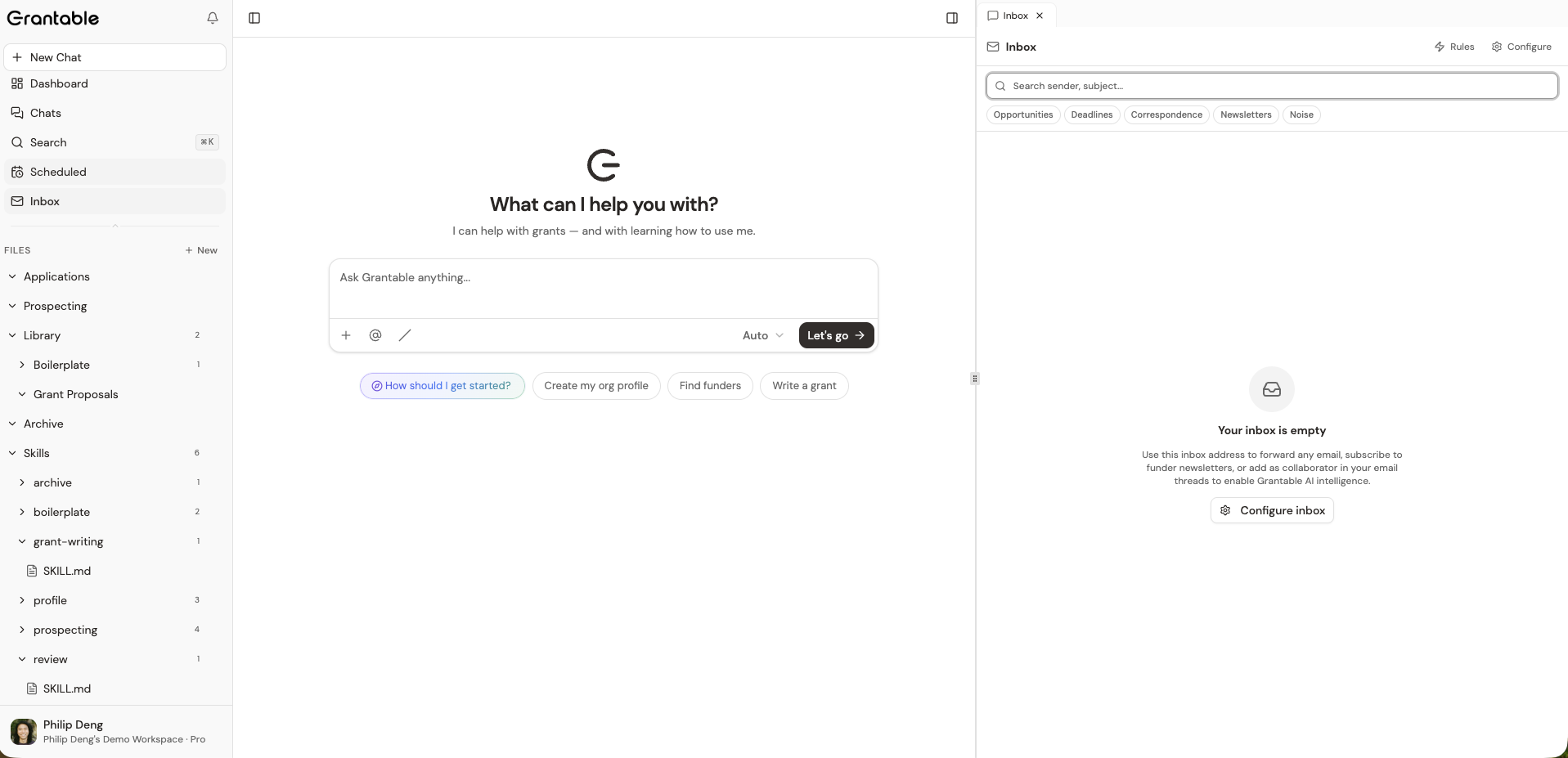 The full app view with sidebar navigation and the inbox panel open on the right