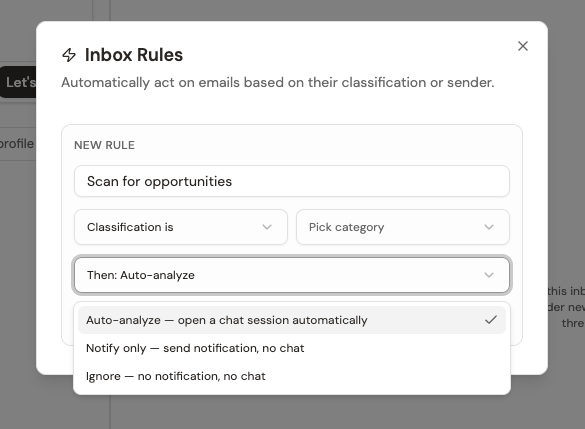 The action dropdown showing Auto-analyze, Notify only, and Ignore with descriptions