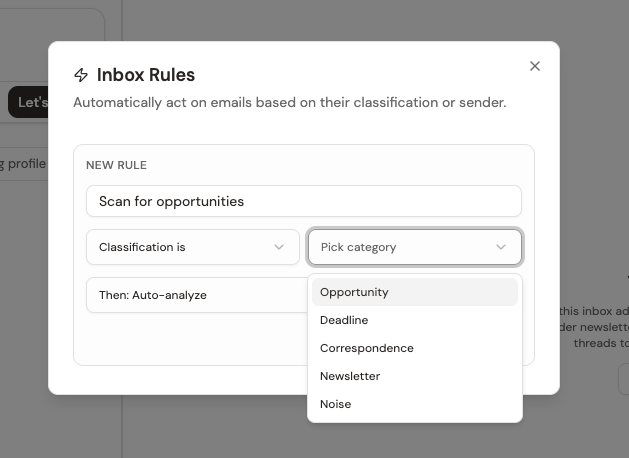 The category picker showing Opportunity, Deadline, Correspondence, Newsletter, and Noise