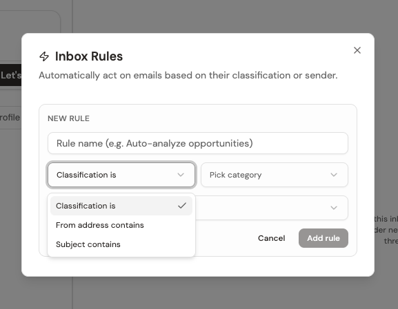 The condition type dropdown showing Classification is, From address contains, and Subject contains