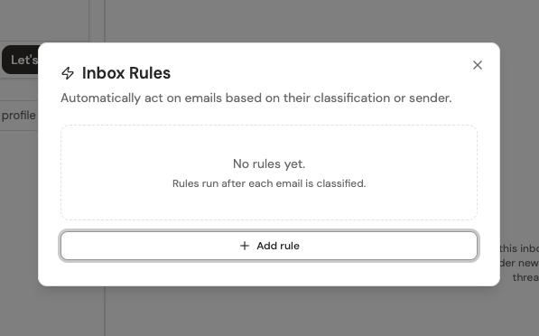 The Inbox Rules dialog in its empty state, with an Add rule button