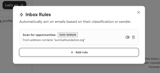 The saved rule in the Inbox Rules list, ready to process incoming emails