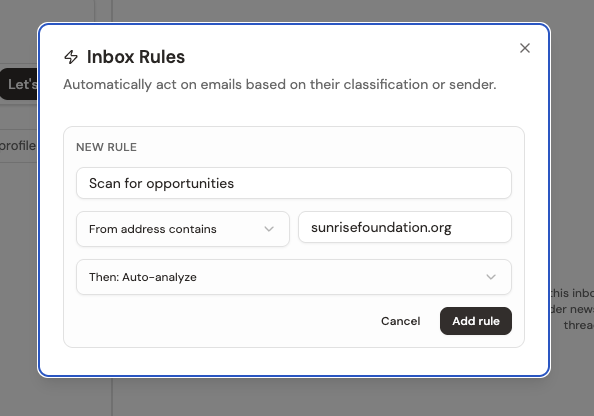 A completed rule named Scan for opportunities, matching from address sunrisefoundation.org, with Auto-analyze action