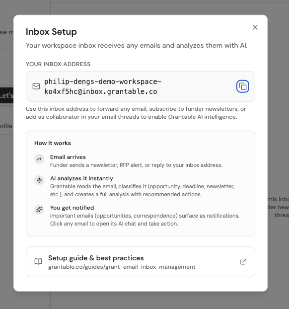 The Inbox Setup dialog showing the workspace email address and setup instructions