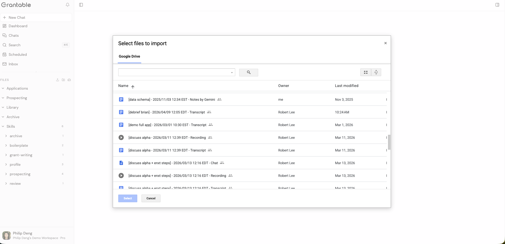 The Google Drive file picker showing files available for import into the workspace