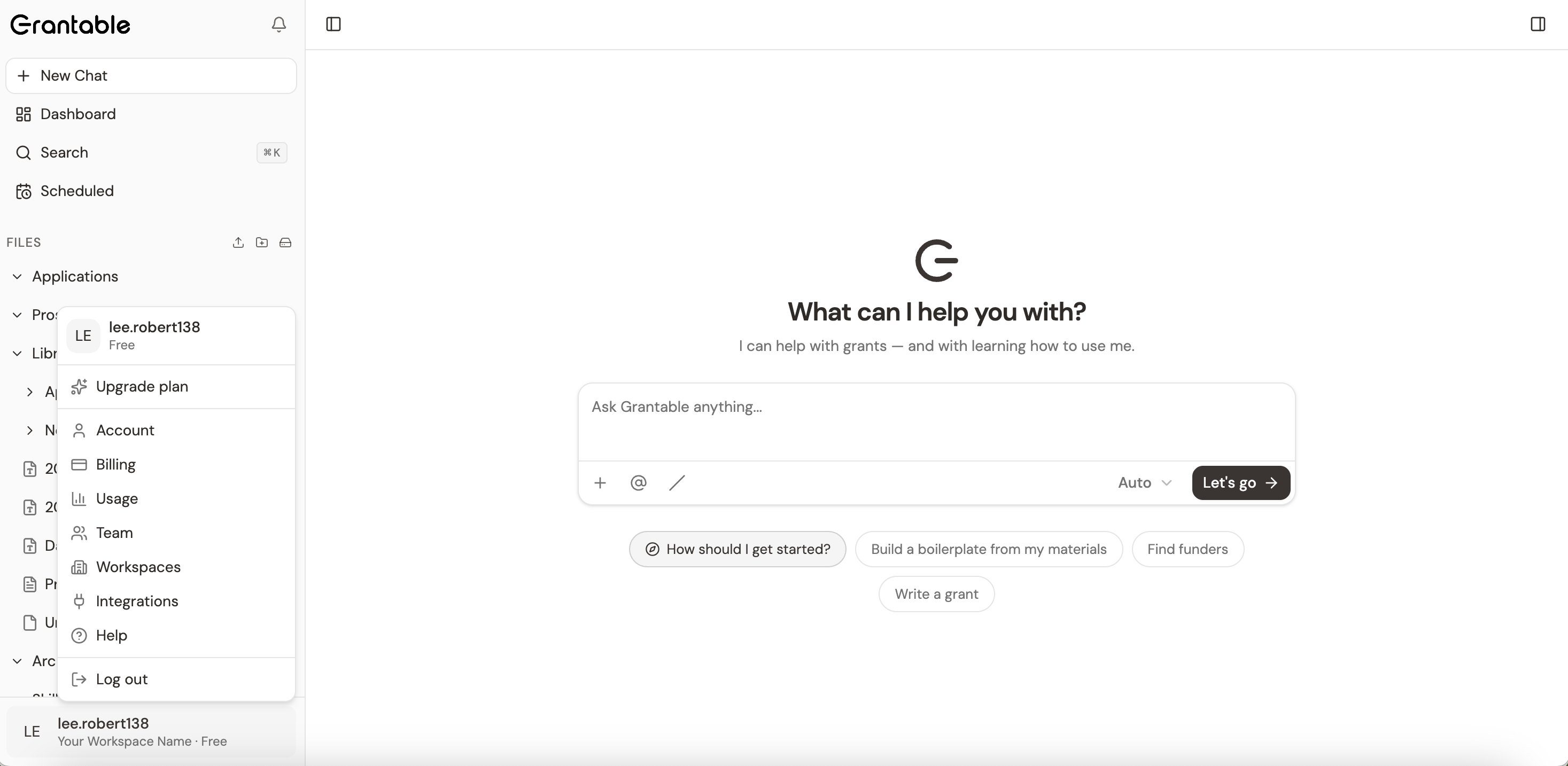The new Grantable interface after migration, with your files in the sidebar and the AI chat ready to go.