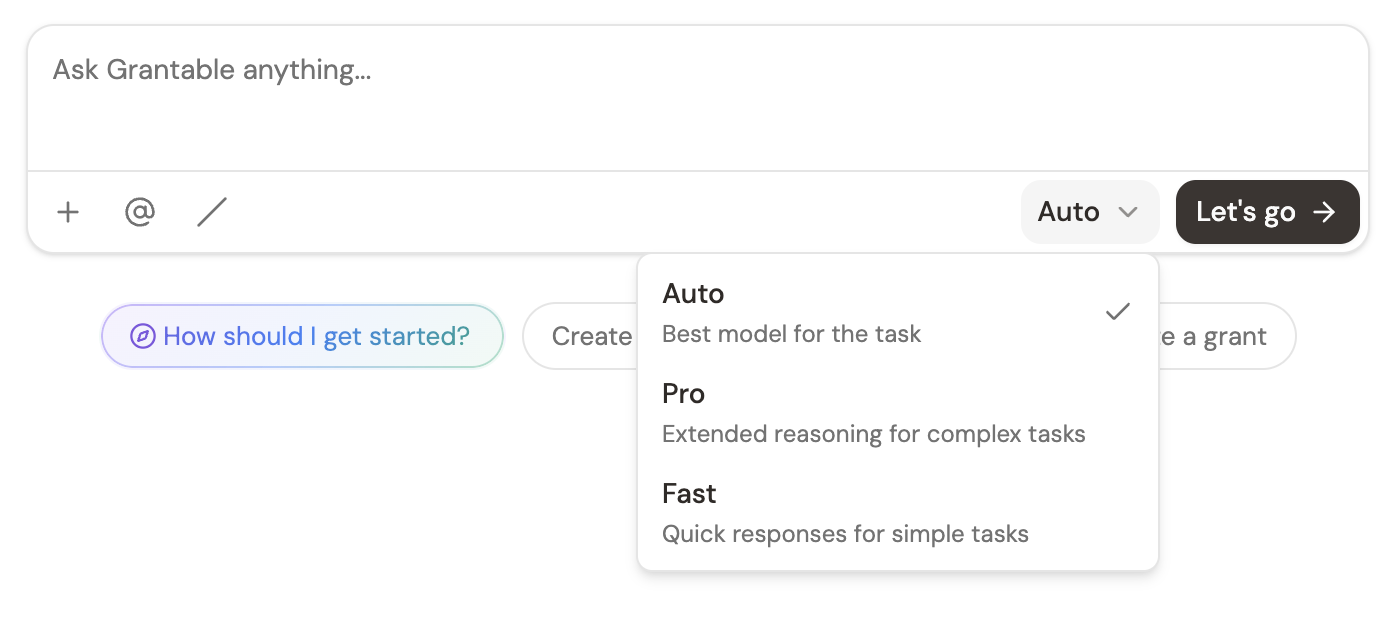 The model tier selector dropdown in the chat input area