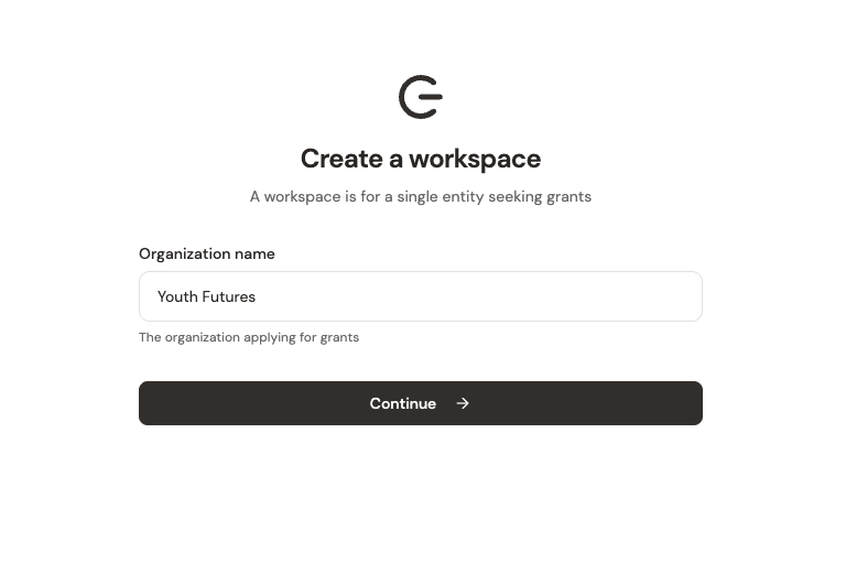 The workspace creation screen where you name your workspace and set your organization's URL