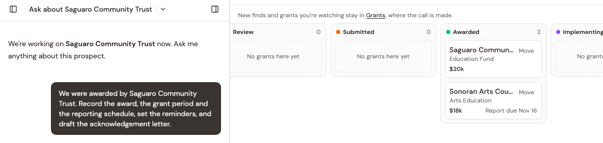 Moving a grant to Awarded opens its chat with a request to record the award
