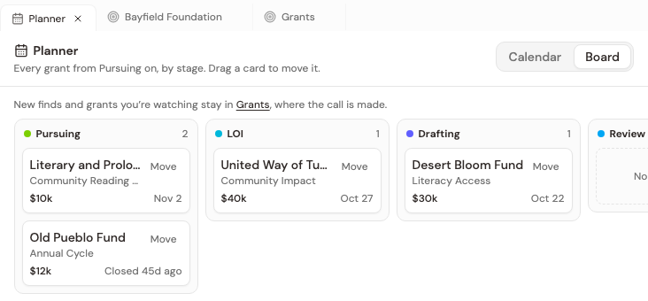 The Planner board with grants in Pursuing, LOI and Drafting columns