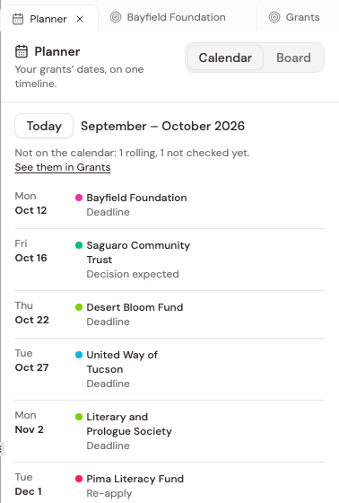 On a narrow panel, the calendar becomes a list of upcoming days