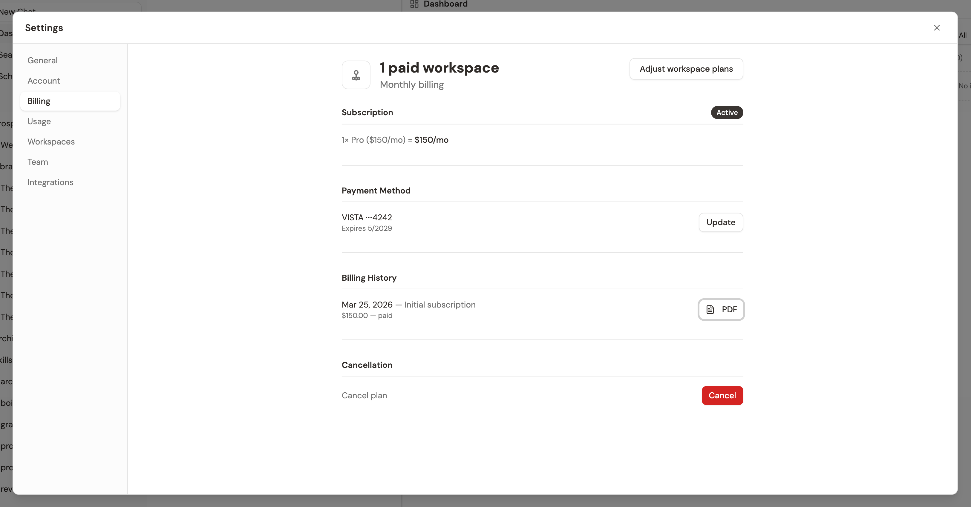 The billing plan section showing your current plan tier and upgrade options
