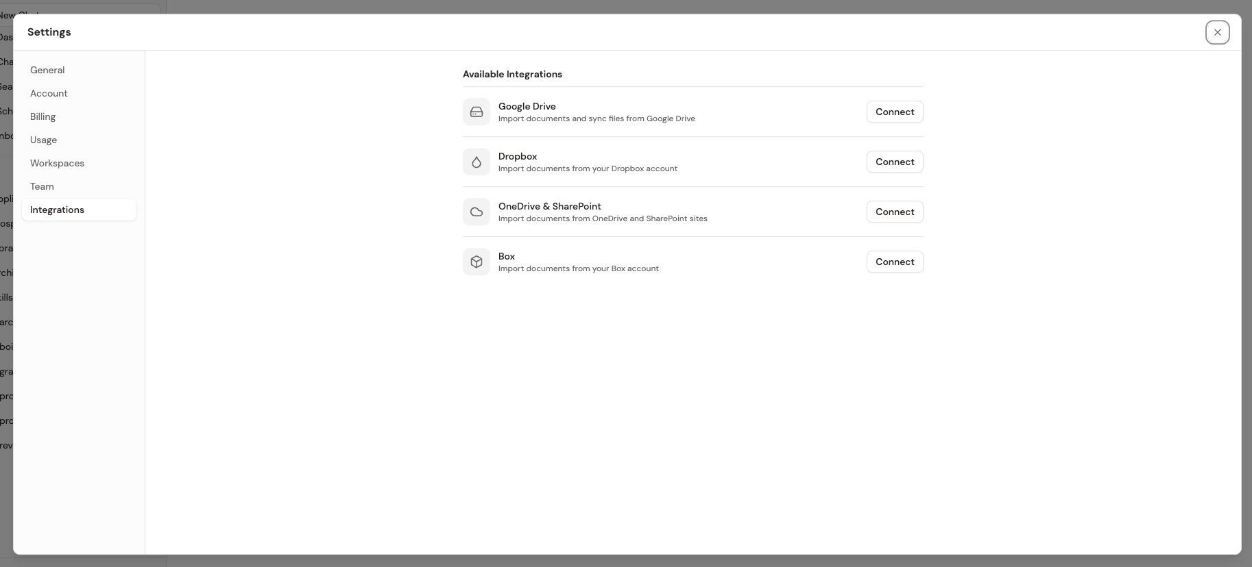 Settings page showing available integrations — Google Drive, Dropbox, OneDrive and SharePoint, and Box