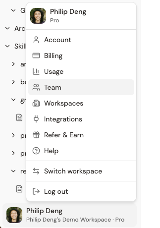 The settings menu showing Team, Workspaces, Integrations, and other workspace options