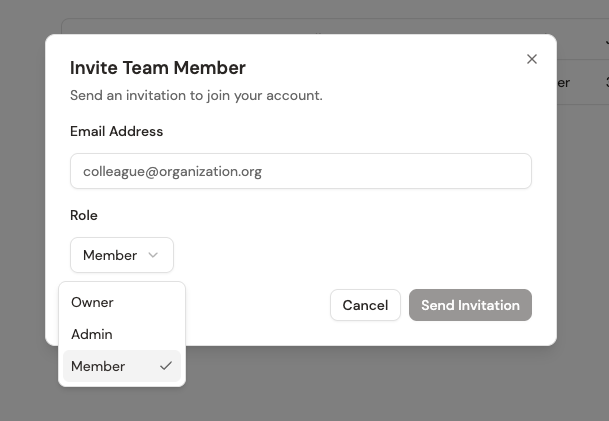 The Invite Team Member dialog showing the role dropdown with Owner, Admin, and Member options