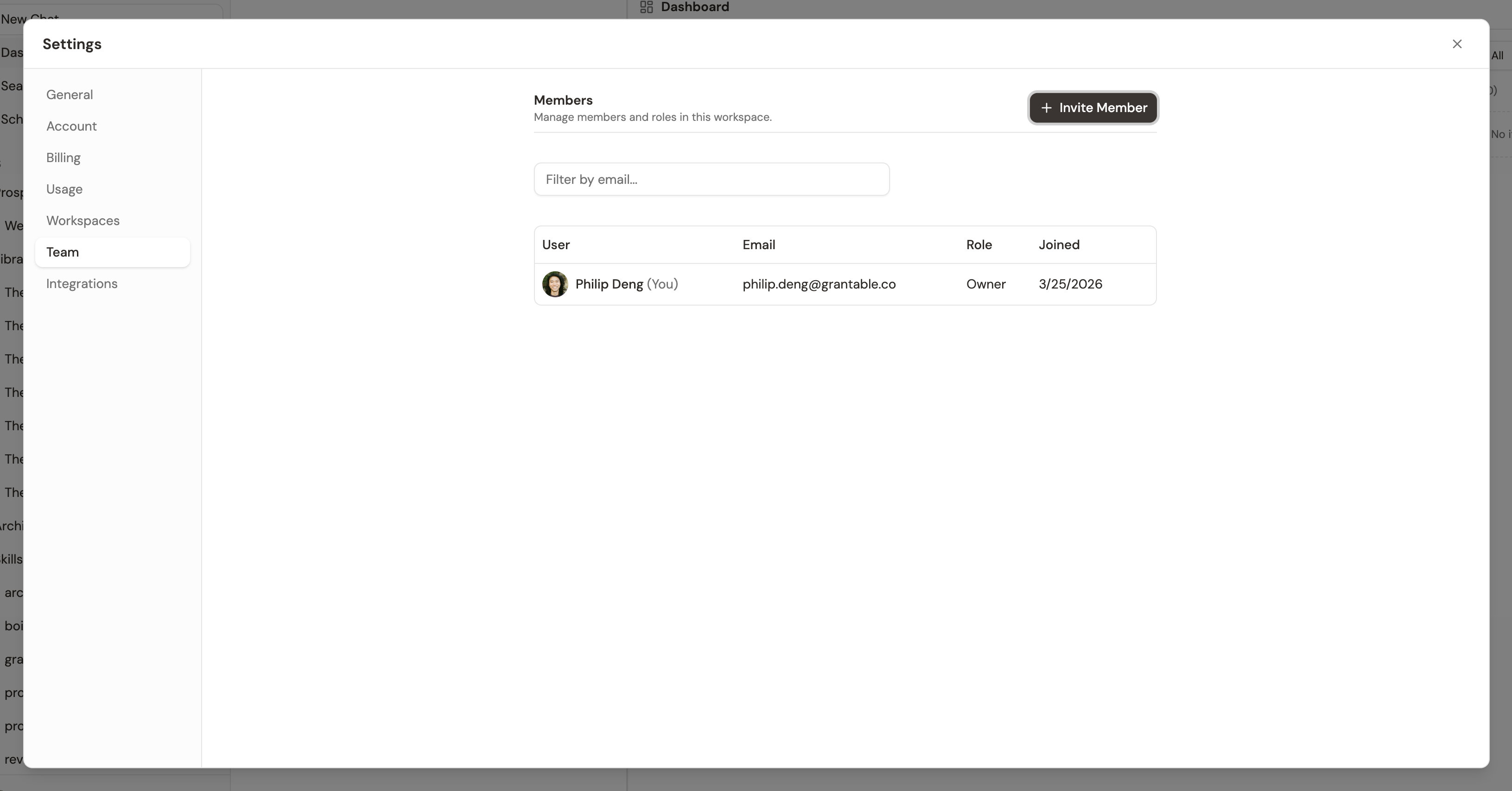 The team members table showing names, emails, roles, workspaces, and last active dates