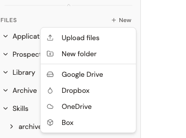 The file sidebar's New menu showing Upload files, New folder, and cloud import options for Google Drive, Dropbox, OneDrive, and Box