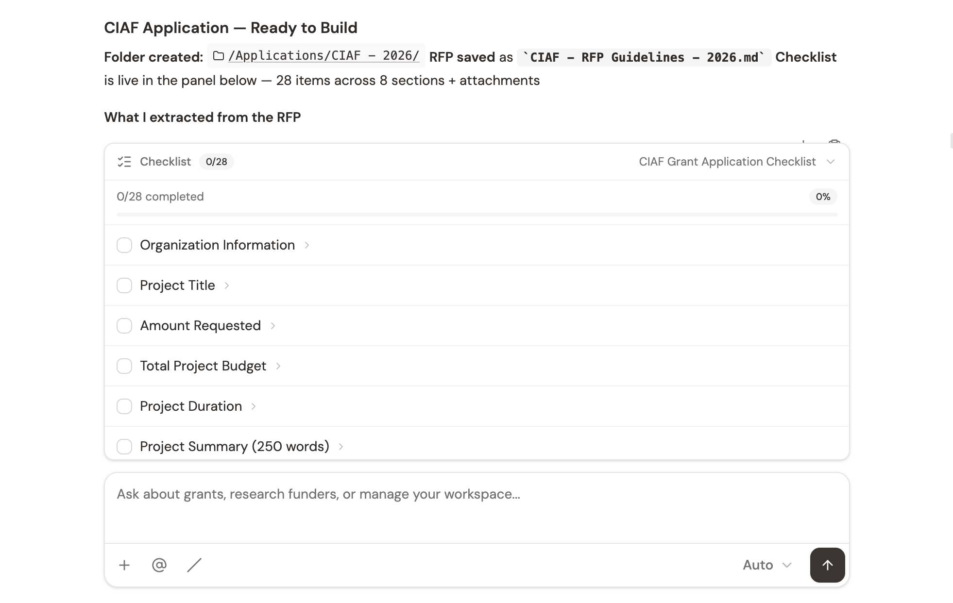 An expanded checklist showing RFP requirements like Organization Information, Project Title, and Amount Requested with checkboxes and a progress bar